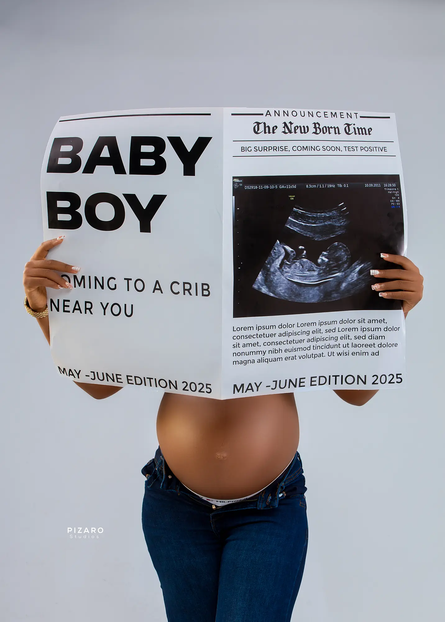 Pizaro Studios maternity session — creative baby-boy newspaper announcement concept