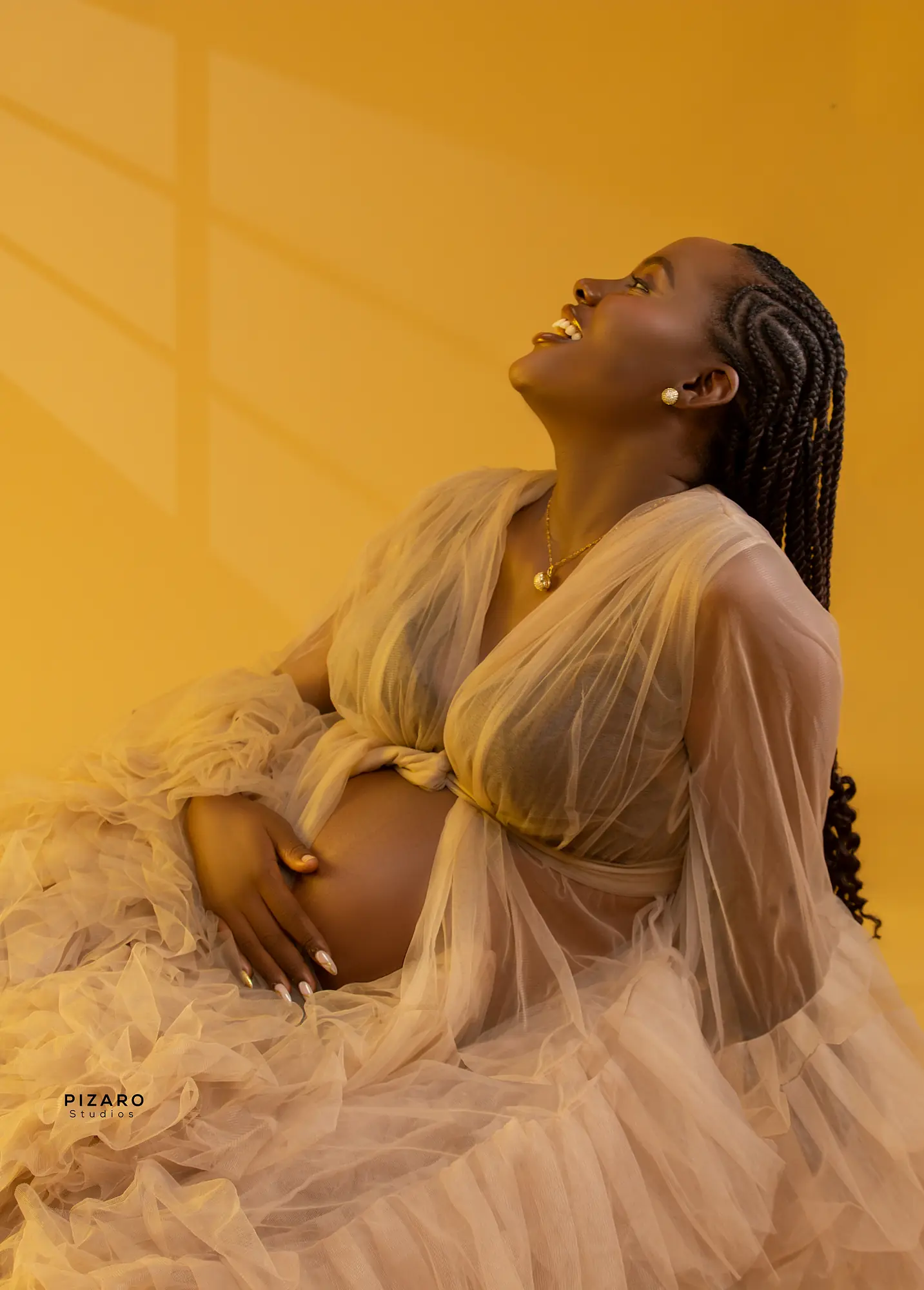 Pizaro Studios maternity session — golden tulle editorial in warm light
